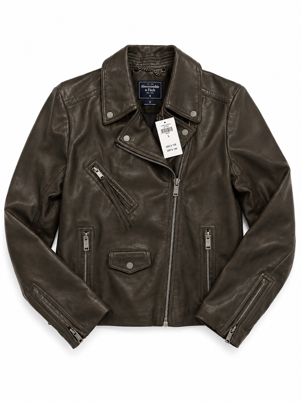 NWT Abercrombie & Fitch Genuine Leather Moto Jacket Brown Small